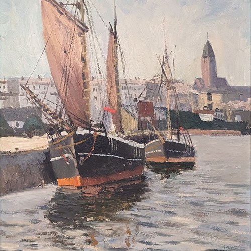 20Th Century Swedish School 'Fishing Boats At A Quayside'