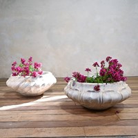 A Pair Of Carved Lotus Form Marble Jardinieres