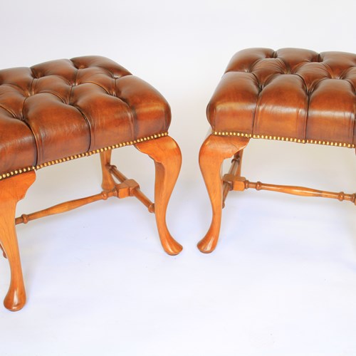 Pair Queen Anne Revival Walnut Foot Stools Circa 1920S
