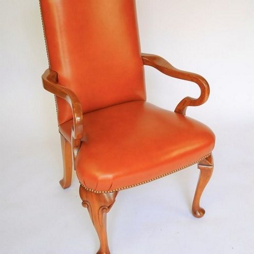 Queen Anne Style Walnut & Leather Elbow Chair