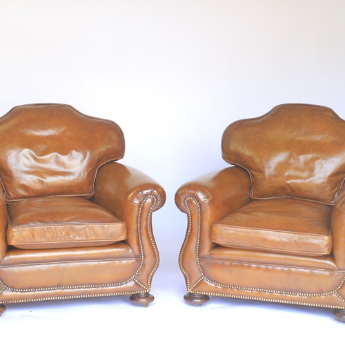 Pair Leather Club Chairs Circa 1920S