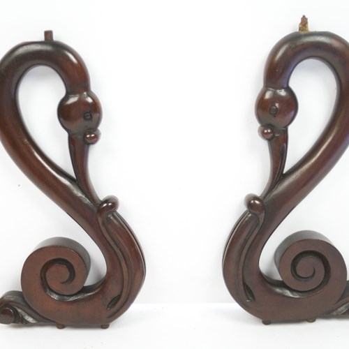 Pair C19th Mahogany Carved Swan Shelf Supports