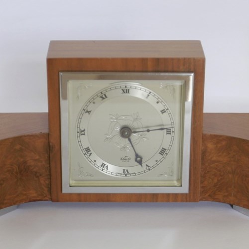 Art Deco Walnut & Chrome Elliott Mantel Clock 1930S