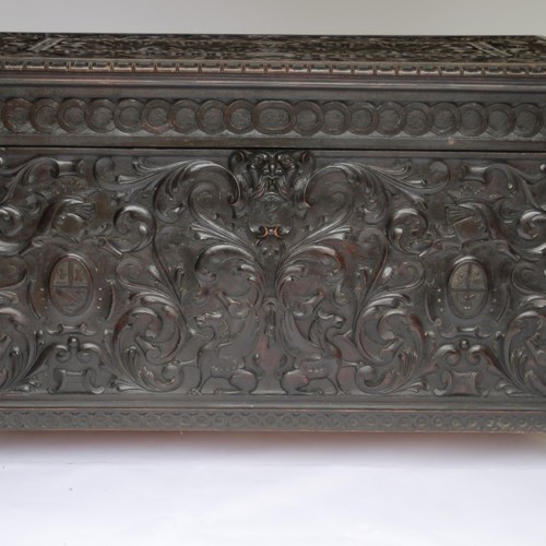 Large Victorian Chinese Redwood Carved Coffer 