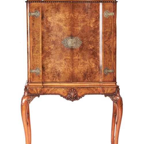 Fine Burr Walnut & Carved 2 Door Cocktail Cabinet On Stand
