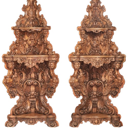 Impressive Pair C19th Italian Limewood Carved  Corner Shelves