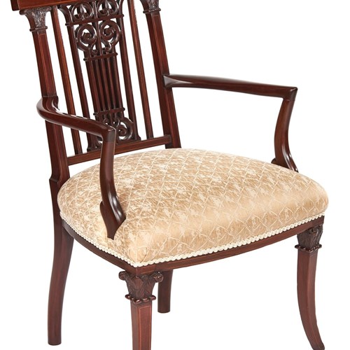 Fine Sheraton Revival Mahogany Inlaid & Carved Elbow Chair
