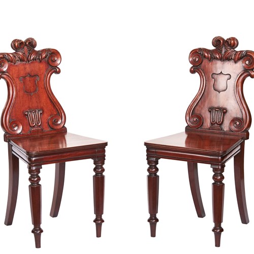 Pair WIV Mahogany & Carved Hall Chairs