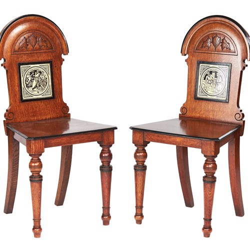 Pair Aesthetic Period Oak Tiled Back Hall Chairs