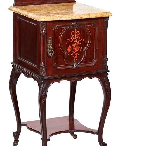 French Mahogany Inlaid Marble Top Bedside Cupboard