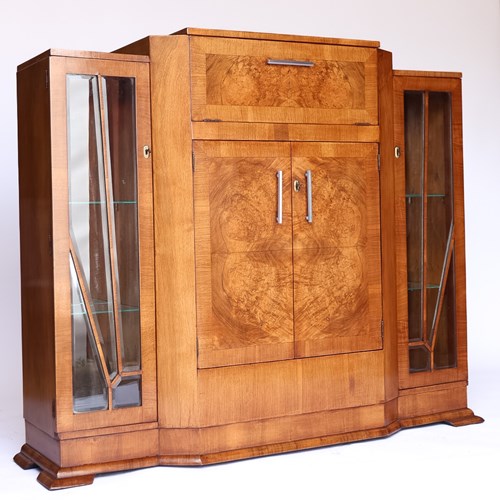 Art Deco Burr Walnut Cocktail / Display Cabinet 