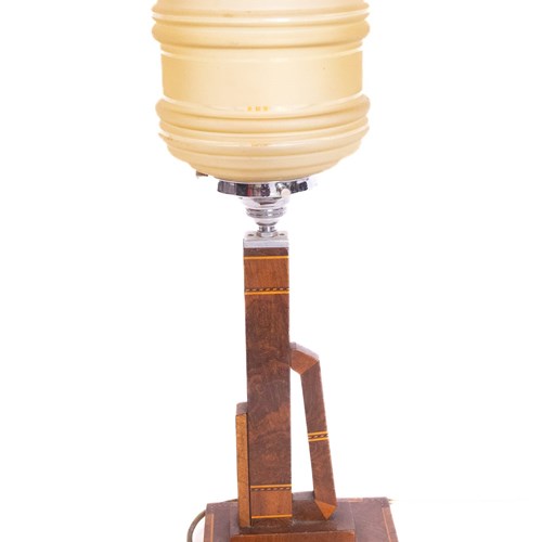 Art Deco Walnut & Inlaid Table Lamp & Shade