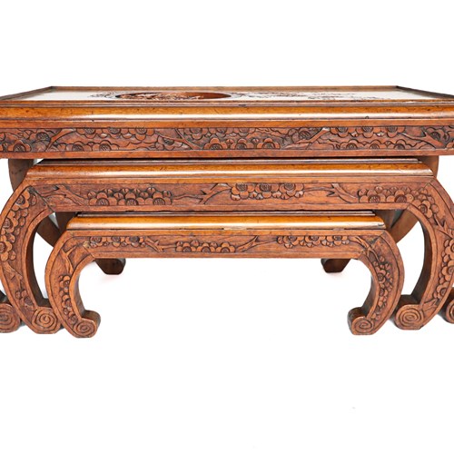 Teak Chinese Carved Nest Of 3 Coffee Tables 1950S/60S