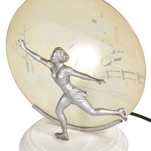 Art Deco Spelter Lady Skater Lamp With Snow Scene 