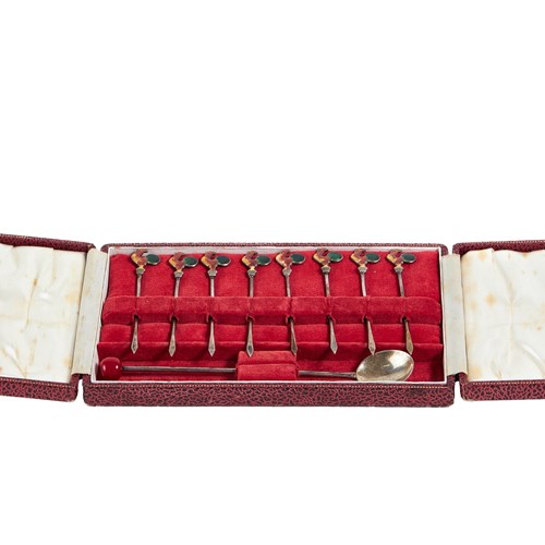 Cased Set 8 Silver & Enamel Cockerel Cocktail Sticks
