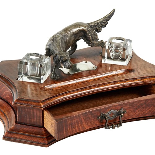 Victorian Oak Desk Stand With Silver Plated Red Setter
