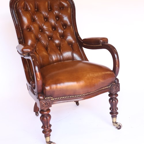 W1V Mahogany & Carved  Leather Library Chair