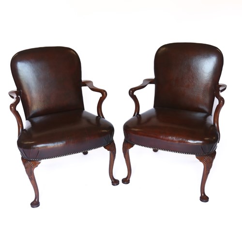 Pair Georgian Revival Walnut & Leather Open Elbow Chairs 
