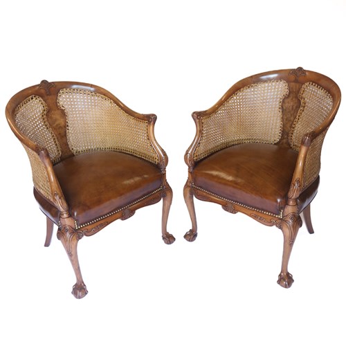 Fine Pair Walnut & Carved Bergere Tub Shaped Chair
