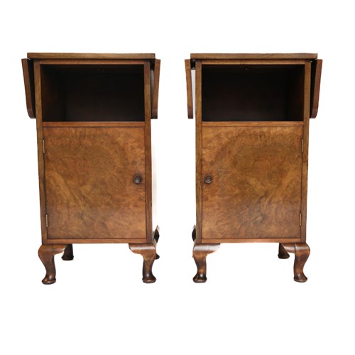 Pair Burr Walnut Drop Leaf Bedside Cupboards/Tables