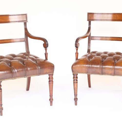 Pair C19th Mahogany & Leather Elbow Chairs