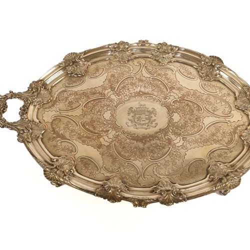Large Victorian Silver Plated Tray, Russell Family Crest