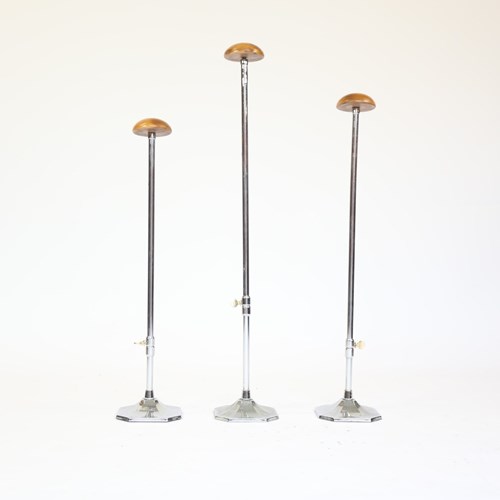Art Deco Set 3 Chrome & Beech Shop Display Hat Stands
