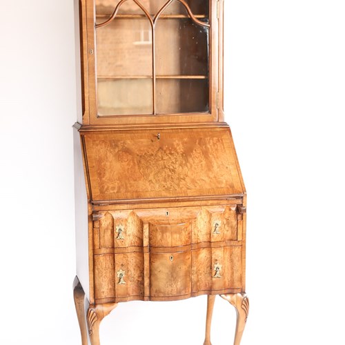 Queen Anne Style Burr Walnut Bureau Bookcase Circa 1930S