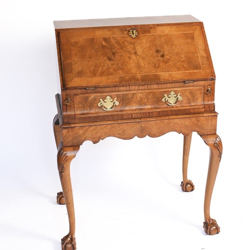 Queen Anne Style Burr Walnut Bureau On Stand C.1920S