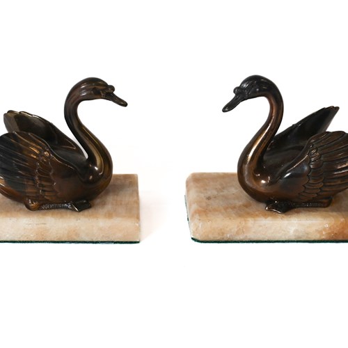 Pair Art Deco Spelter Swan Figures / Book Ends
