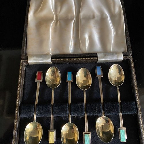 Art Deco Cased Set 6  Silver Gilt & Enamel Spoons 