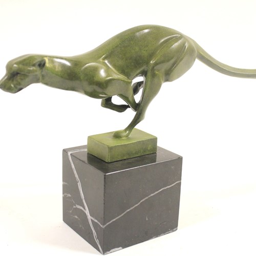 Art Deco Green Patinated  Bronze Stylized Cheetah
