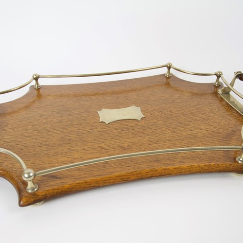 Fine Antique Oak & Silver Plated Gallery Serving Tray