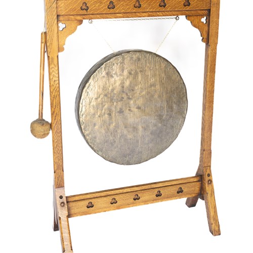 Vict Aesthetic Movement Oak Gong On Stand With Beater