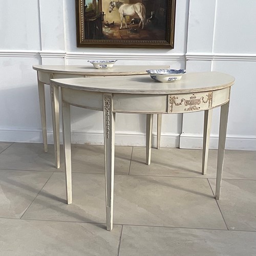Excellent Pair Of Painted Demi Lune Console Tables 