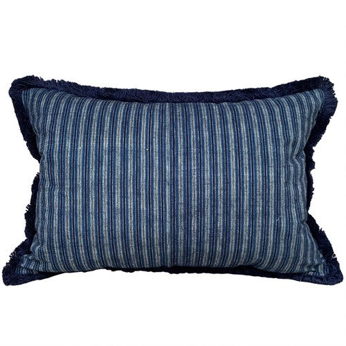 Indigo Striped Cushion With Fringe Trim