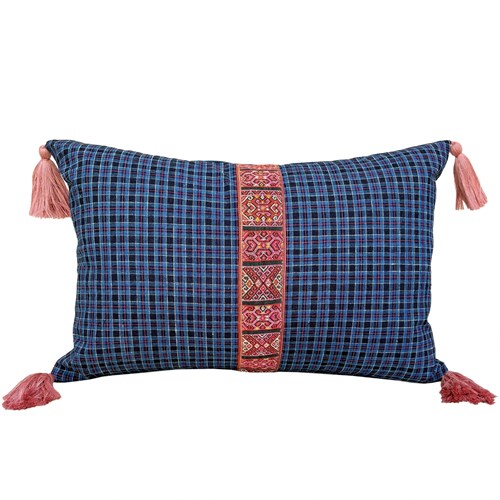 Blue Checked Cushions With Biboki Trim And Tassels