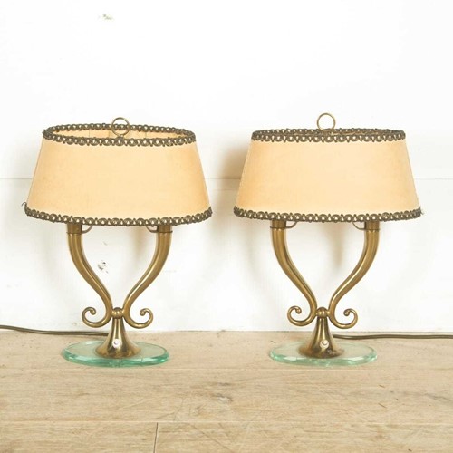 Elegant Pair Of Brass And Glass Lamps