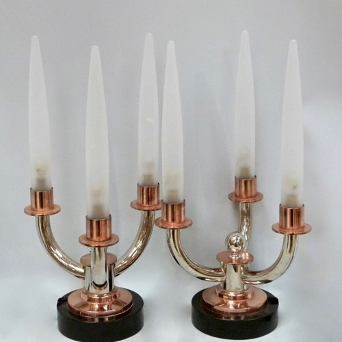 Pair of Art Deco Lamps in Nickel and Copper