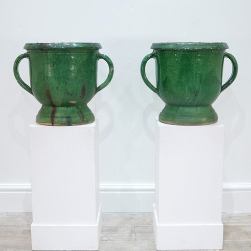 Pair Of Green Glazed French Pots