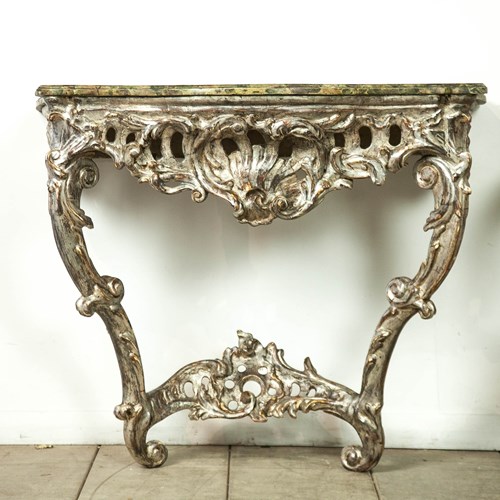 Louis XIV Silver Leaf Console With Faux Marble Top