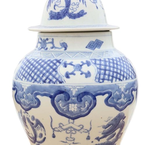 Antique Chinese Oriental Blue & White Ceramic Ginger Jar With Lid