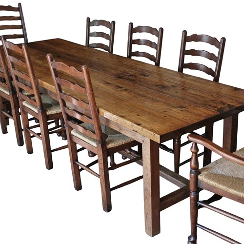 Vintage Retro Set Of 8 (6 + 2) Ladder-Back Dining Chairs With Wicker Seats