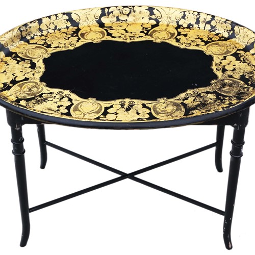 Victorian Decorated Black Lacquer Tray On Stand 