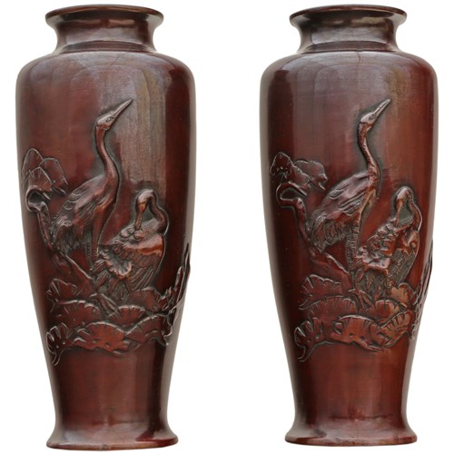 Antique Fine Quality Japanese Meiji Period Pair Of Bronze Vases C1910