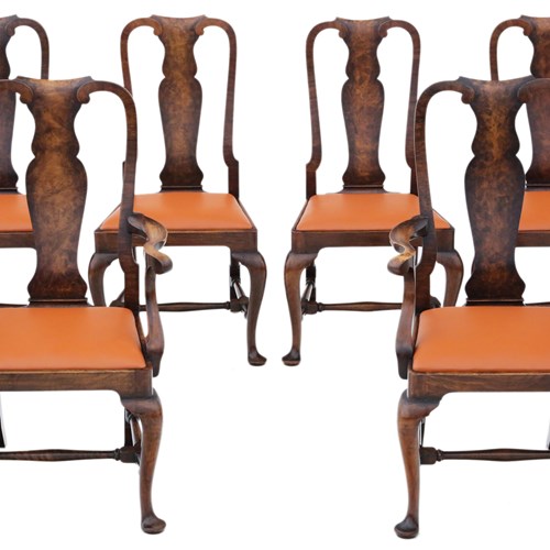 Antique Fine Quality Set Of 6 Queen Anne Revival Burr Walnut Dining Chairs C1910