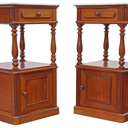 Antique Fine Quality Pair Of French Walnut Bedside Tables Cupboards Marble Tops 
