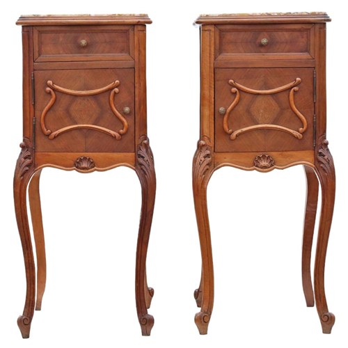 Antique Quality Pair Of French Walnut Bedside Tables Cupboards Marble Tops