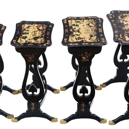 Antique Fine Quality Chinoiserie Black Lacquer Nest Of 4 Tables 19Th Century
