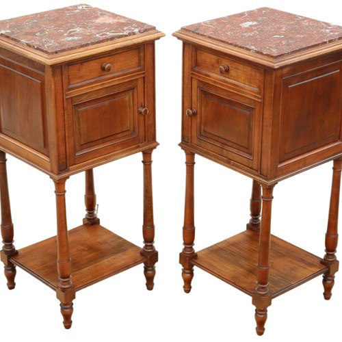 Pair Of Antique French Walnut Bedside Tables With Marble Tops - High-Quality